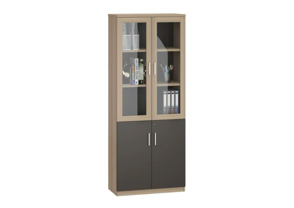 Шкаф Toscana, със стъклени врати, 800 х 400 х 2000 mm, ПДЧ, светъл дъб и сиво