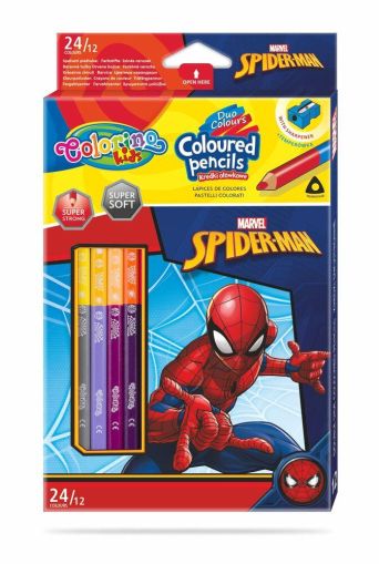 Двувърхи цветни моливи 12/24 цвята и острилка Spiderman Disney Colorino